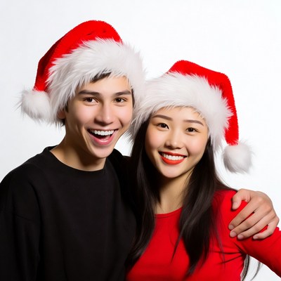 Asian couple in Santa hats smiling