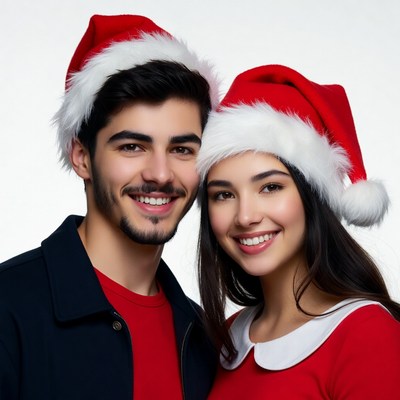 Smiling couple wearing Santa hats