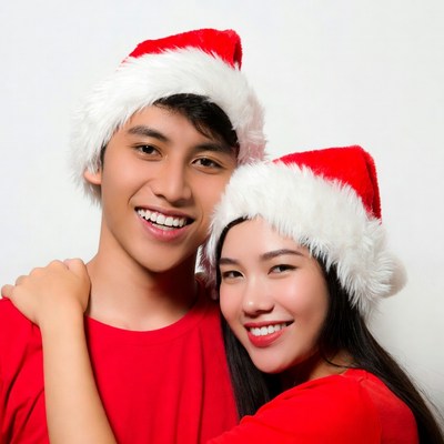 Asian couple in Santa hats smiling