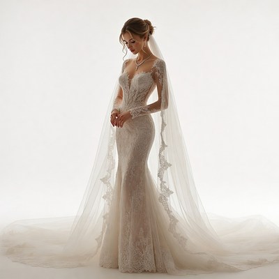 Bride in Lace Mermaid Wedding Gown