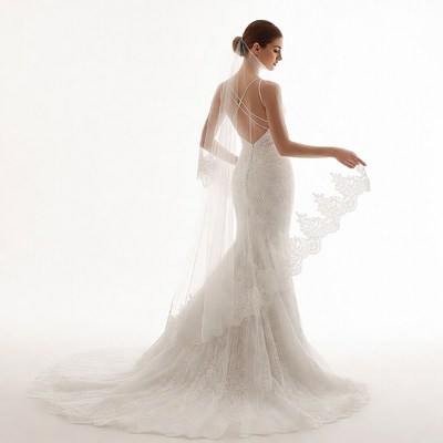 Bride in Lace Wedding Dress with Veil