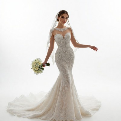 Bride in Lace Wedding Dress Holding Bouquet