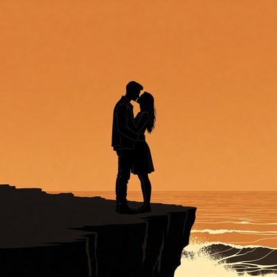 Silhouette couple kissing on cliff edge