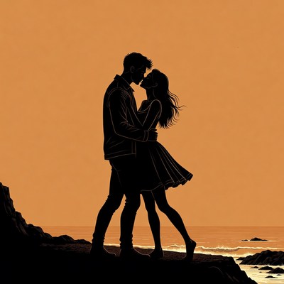 Silhouette couple kissing on sunset beach