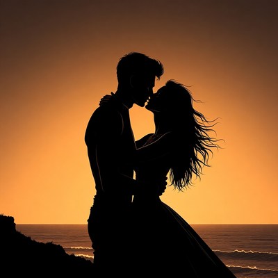 Silhouette couple kissing at sunset beach