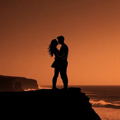 Silhouette couple kissing on cliff