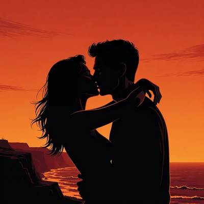 Silhouette couple kissing at sunset