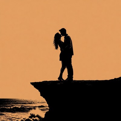 Silhouette couple kissing on cliff edge
