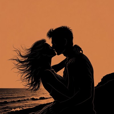 Silhouette couple kissing on beach