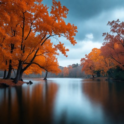 Autumn Trees Reflecting in Calm Lake