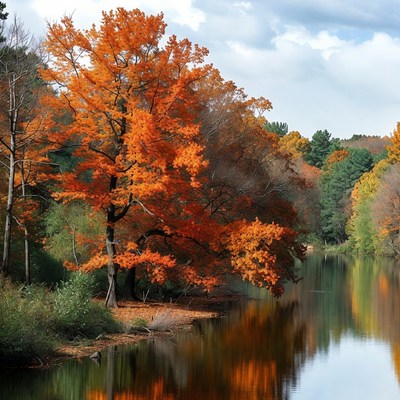 Vibrant orange tree by river reflection