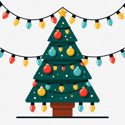 Illustrated Christmas Tree with Lights and Ornaments