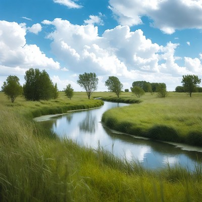 Winding River in Green Meadow