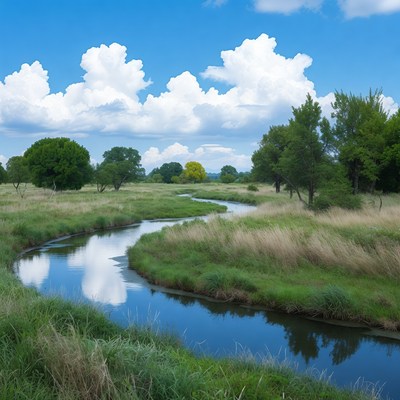 Winding River in Green Meadow