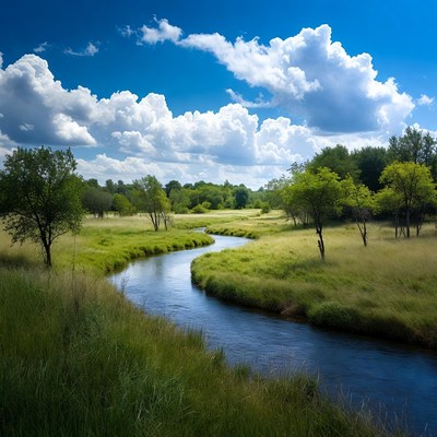 Winding river through green meadow