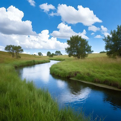 Winding River in Green Meadow