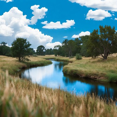 Serene river winding through grassy field