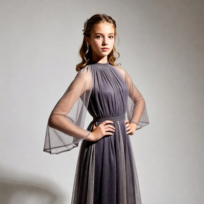Young girl in sheer sleeve gray dress