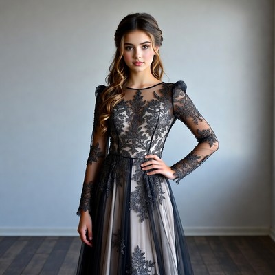 Young woman in black lace gown