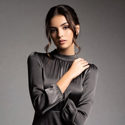 Woman in gray satin dress