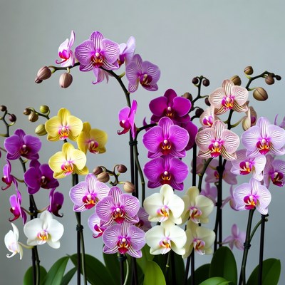 Colorful Phalaenopsis Orchids on Gray Background