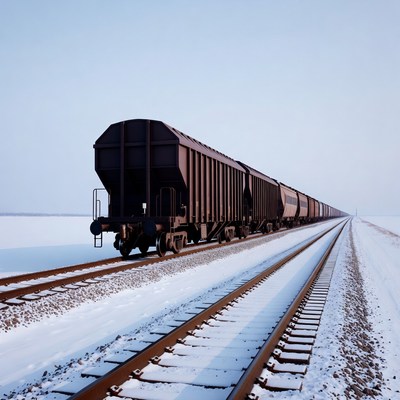 Freight Train on Snowy Tracks