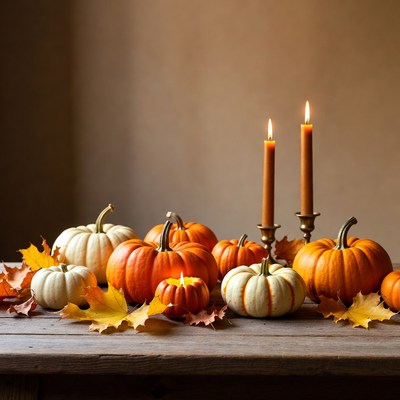 Autumn Pumpkins and Candles on Wooden Table