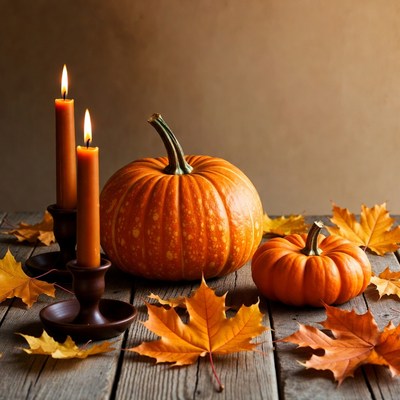 Halloween Pumpkins and Candles on Wood