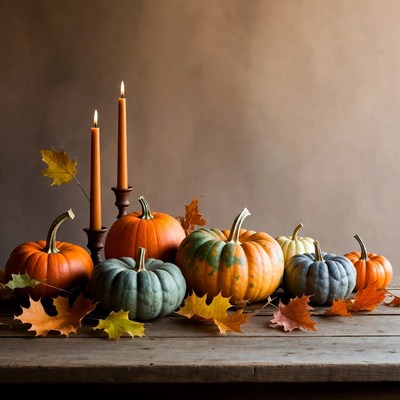 Assorted Pumpkins and Candles on Wooden Table