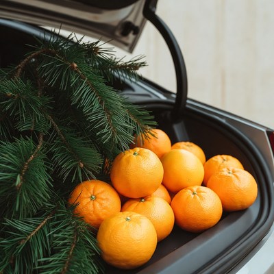 Oranges and Christmas Branches in Car Trunk