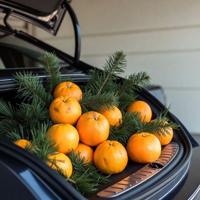 Oranges and Pine Branches in Car Trunk