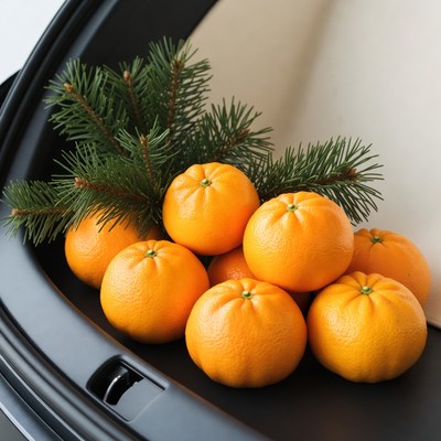 Oranges with Fir Branches in Car Trunk