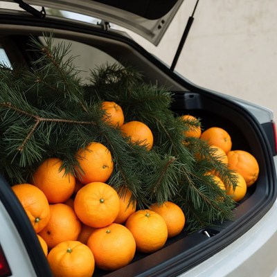Car Trunk Filled with Oranges and Pine Branches