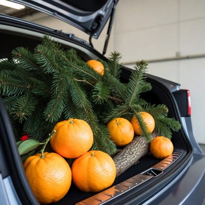 Christmas Tree Oranges in Car Trunk