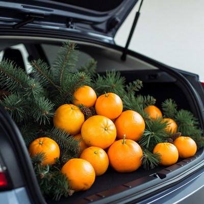 Oranges and Pine Branches in Car Trunk