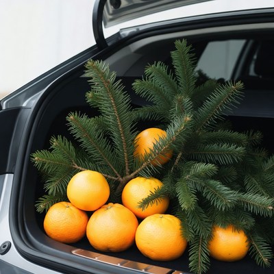 Oranges and Fir Branches in Car Trunk