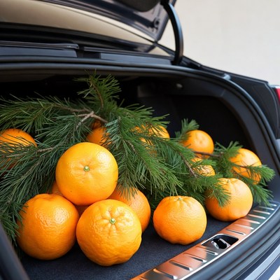 Oranges and Pine Branches in Car Trunk