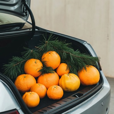 Oranges and Pine Branches in Car Trunk