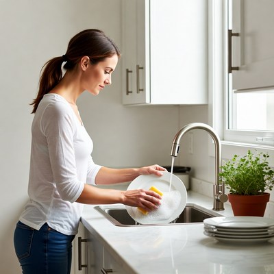 Woman washing dishes in kitchen