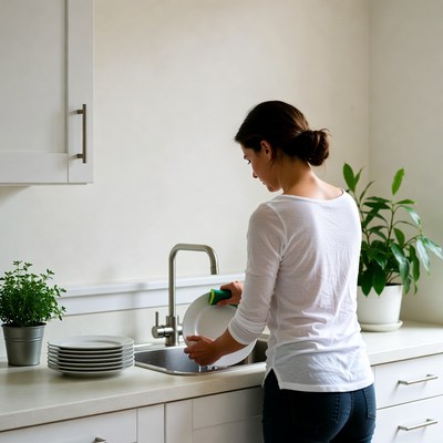 Woman washing dishes in kitchen
