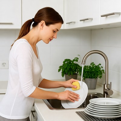 Woman washing dishes in kitchen