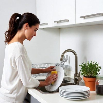 Woman washing dishes in kitchen