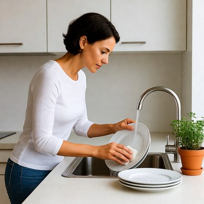 Woman washing dishes in kitchen