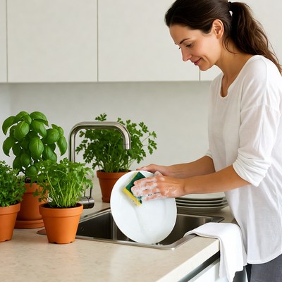 Woman washing dishes in kitchen
