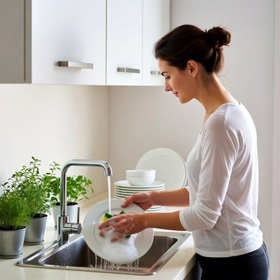 Woman washing dishes in kitchen