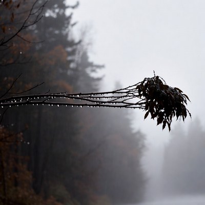Dew-covered autumn branch in misty forest