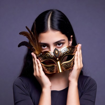 Young woman holding ornate gold mask