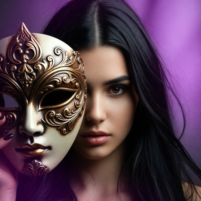 Woman holding ornate gold mask