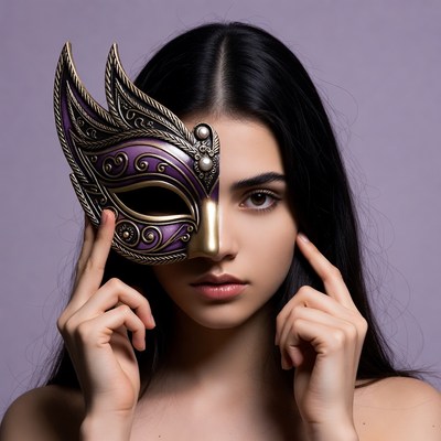 Woman holding Venetian masquerade mask