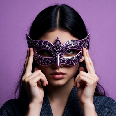 Asian woman holding purple masquerade mask